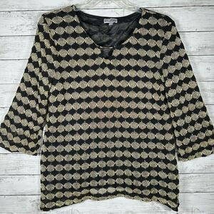 JM Collection Gold Metallic Black Mesh Lined Tunic Evening Party Top XL